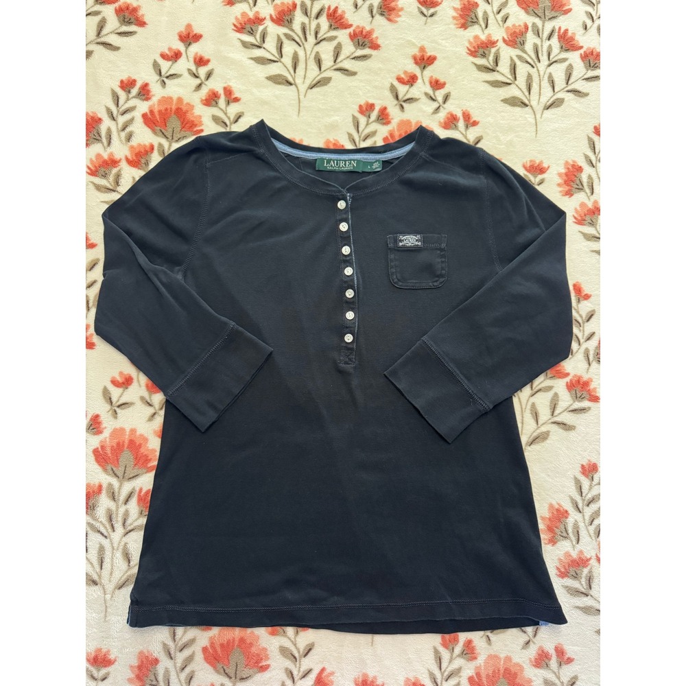 Lauren Ralph Lauren Womens Black Henley Top 3/4 Sleeve Cotton Pocket Large